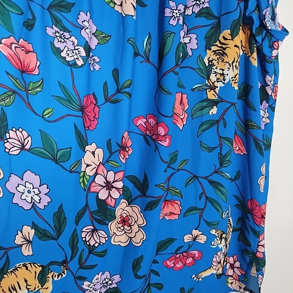 Loft Women's M Sleeveless Top Blue Floral Tiger Chiffon Flutter Blouse Ruffle - Picture 8 of 11